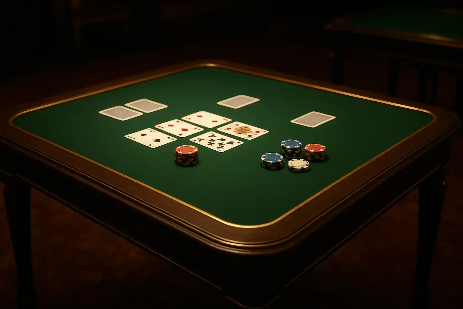 Dark wood and gold trimmed card table representing the God Of Coins brand