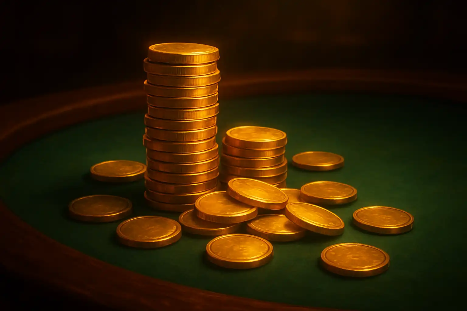Golden coins spilling across a green felt card table with dark wood trim